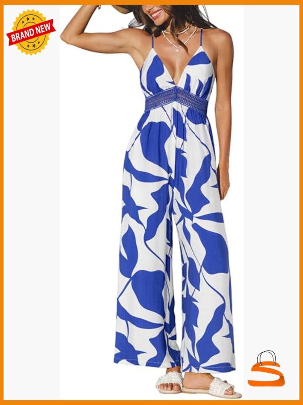 Women's Sleeveless V-Neck Tropical Floral Wide Leg Jumpsuit with Pockets